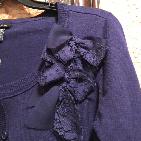 NWT Rue21 Navy Blue Crop Cardigan. Beautiful Bow design with lace/sheer fabric - Picture 4 of 15